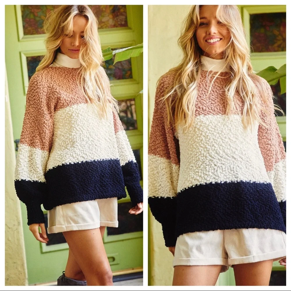 Boho Color block Fall Fabulous Popcorn Sweater - Picture 1 of 7
